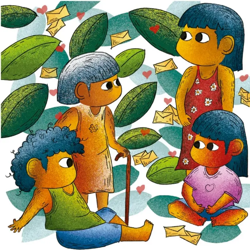 Ilustracion de cuatro personas de una comunidad: una nina de cabello azul, una mujer mayor con baston, una nina con vestido rojo y un nino sentado, rodeadas de hojas verdes, sobres de cartas y corazones que simbolizan mensajes y afecto.