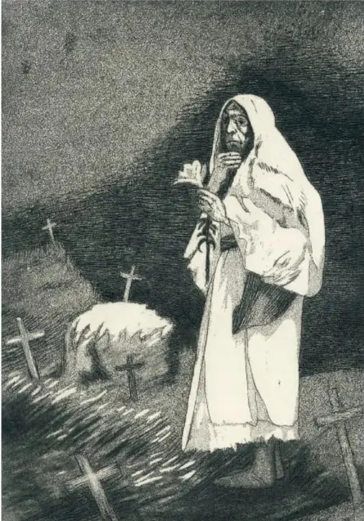 Grabado titulado 'El cementerio' (1946) de Lola Cueto. Muestra una figura encapuchada con una vela en un cementerio con cruces.