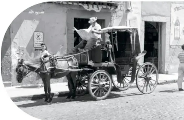 Calesa o carruaje jalado por caballos en una calle empedrada, con cochero; junto a una tienda.