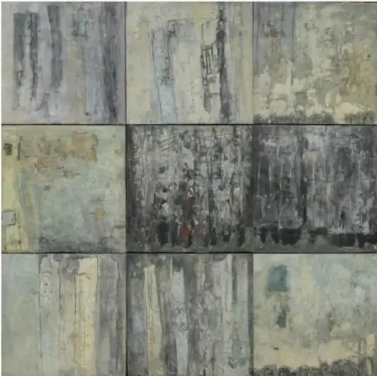 Obra 'Meditación' (2011): nueve paneles cuadrados con texturas grises y ocres en cuadrícula de tres por tres.