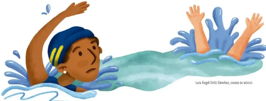 Ilustración de un río: a la izquierda, Carla nada con seguridad; a la derecha, Jorge se hunde y levanta los brazos pidiendo ayuda. Crédito: Luis Ángel Ortiz Sánchez, Ciudad de México.
