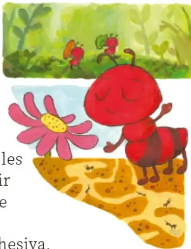 Ilustración de una hormiga roja sonriente junto a una flor rosa, sobre un tallo de tierra, con un pequeño paisaje verde de jardín arriba. Crédito: Alheli Atenea Zamorano Caballero, Ciudad de México.