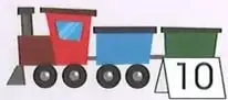 Ilustraciones de productos de una tienda con precios representados por tarjetas: un juguete con 7, un tren con 10, una pelota con 6 y un pato con 3.