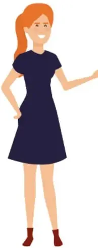 Ilustración de una mujer joven de pie, con cabello naranja y vestido azul, señalando la tabla de caracteres sexuales secundarios.