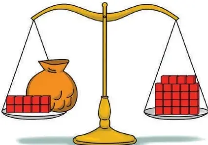 Balanza en equilibrio con una bolsa y 10 cubos rojos en el platillo izquierdo, y 24 cubos rojos en el derecho.