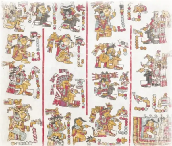 Ilustración de un códice mixteca con personajes ricamente ataviados, glifos calendáricos y líneas rojas que dividen las secciones.