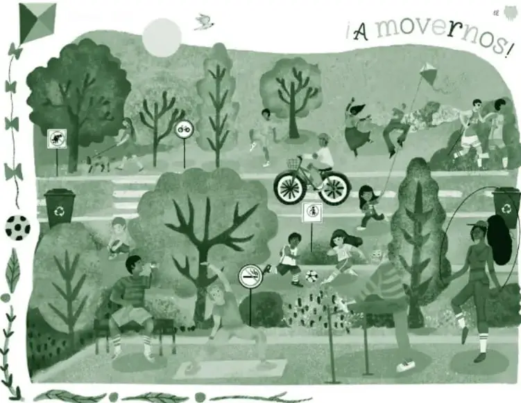 Escena de un parque con árboles, señales viales, contenedores de reciclaje y un papalote; niños y niñas corren, andan en bicicleta, saltan la cuerda y juegan futbol; título '¡A movernos!' en la esquina superior derecha.