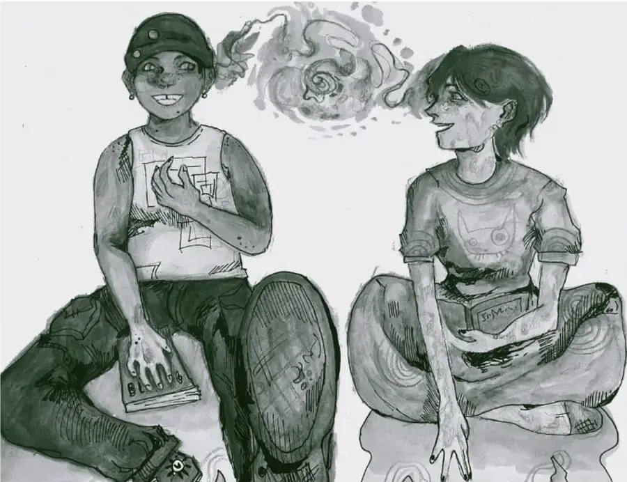 Ilustración en blanco y negro y tonos verdes: dos personas jóvenes sentadas en el suelo, cada una con un libro en las manos. La de la izquierda usa gorra y playera sin mangas; la de la derecha, playera con un gato dibujado. Entre sus cabezas flota una voluta de humo o pensamiento. Al pie izquierdo se lee el crédito: 'Per-séphone Sofía De Loera Bautista, Jalisco'.
