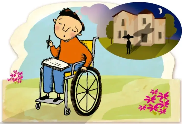 Ilustración de un niño en silla de ruedas escribiendo en un cuaderno al aire libre; a su lado, una casa de noche con la silueta de una persona con sombrero, como escena de una leyenda.
