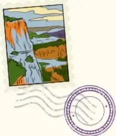 Ilustración de un paisaje con montañas, un río y un sello postal con matasellos.