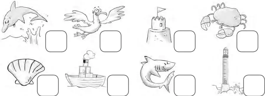 Ocho ilustraciones de objetos del mar con recuadros para numerar: delfín, ave marina, castillo de arena, cangrejo, concha, bote, tiburón y faro.