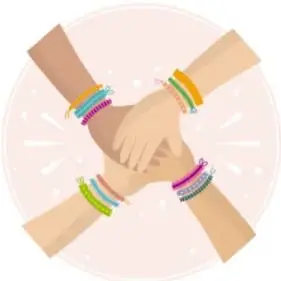 Ilustración de cuatro manos con pulseras de colores entrelazadas en círculo, simbolizando la unión y el trabajo colaborativo.