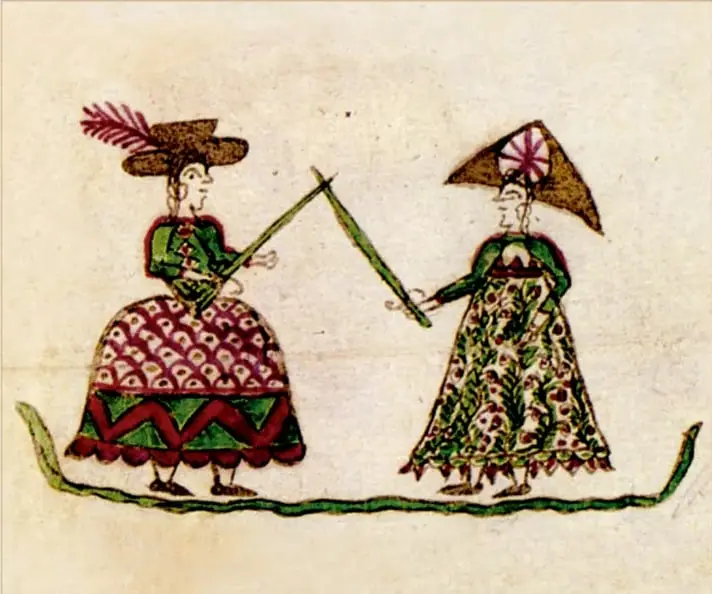 Ilustración titulada 'Corrido insurgente' (1814): enfrentamiento entre una mujer realista (izquierda, con sombrero de plumas y vestido rojo con lunares, empuñando un arma) y una insurgente (derecha, con sombrero triangular y vestido verde). Procede del Archivo General de la Nación.
