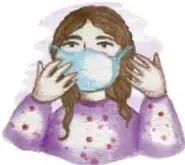 Ilustración de una persona con mascarilla cubriéndose la boca con las manos.