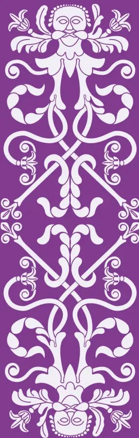 Ilustración decorativa de estilo tradicional mexicano con motivos florales y dos rostros simétricos en los extremos superior e inferior, sobre fondo morado.