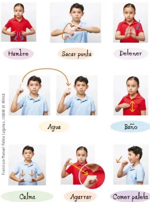 Ocho fotografías de niñas y niños en uniforme (camisas rojas y azules) realizando las señas de hambre, sacar punta, detener, agua, baño, calma, agarrar y comer paleta; cada palabra está escrita en una nube de color y hay flechas que indican los movimientos.