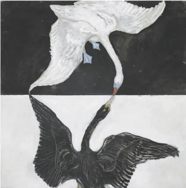 Reproducción de 'Una obra sobre cereales, trigo' (1920) de Hilma af Klint. Muestra una espiral con una cruz en el centro, rodeada de formas doradas y anotaciones manuscritas.