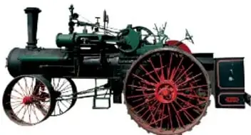 Locomotora o máquina de vapor antigua de color verde con ruedas rojas, ejemplo histórico de la aplicación de la temperatura para producir movimiento.