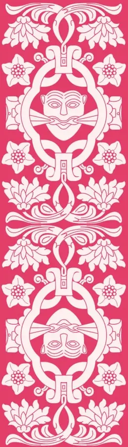 Ilustración decorativa de estilo prehispánico con rostros y motivos florales en color rosa y blanco, que enmarca la página.
