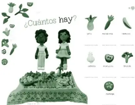 Ilustración del recurso '¿Cuántos hay?': dos niñas frente a una mesa con frutas y verduras, acompañadas de imágenes con etiquetas de alimentos (naranja, zanahoria, papaya, limón, jitomate, brócoli, toronja) para contar y clasificar.
