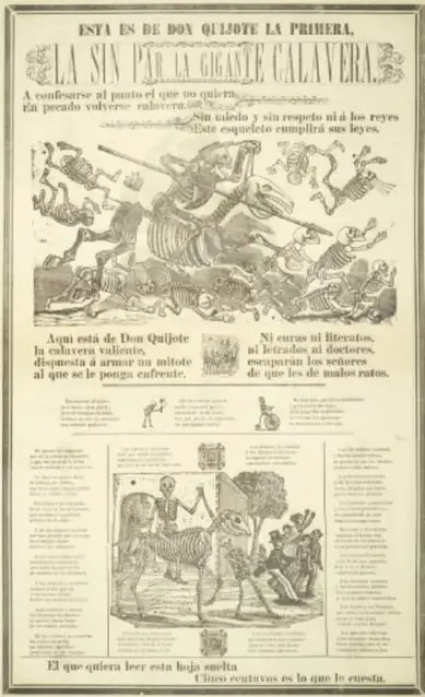 Hoja de la Calavera de Don Quijote con estampa satírica y versos.