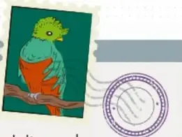 Ilustración de un loro sobre una rama con un sello postal.