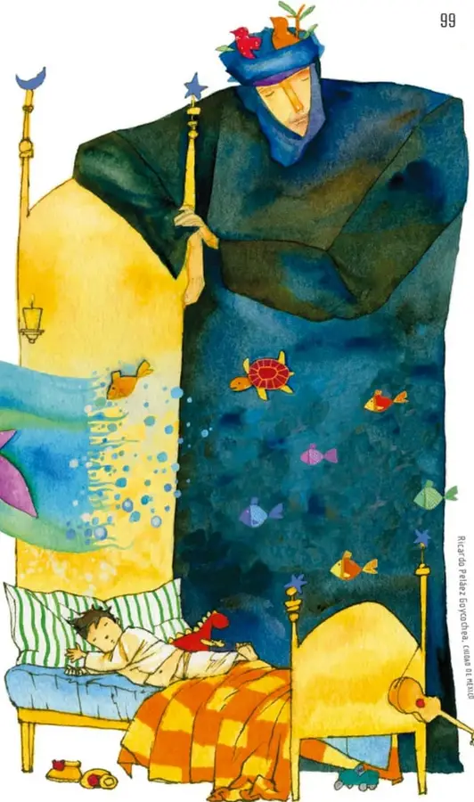 Ilustración onírica: un niño duerme en su cama con cobijas de rayas naranjas y verdes; un río azul atraviesa la escena y conecta con la figura gigantesca del Rey de los Sueños, vestido de azul oscuro, con corona de la que brotan plantas y flores, y un cetro. En el agua nadan peces, tortugas y otros animales. El niño parece nadar dentro del sueño.