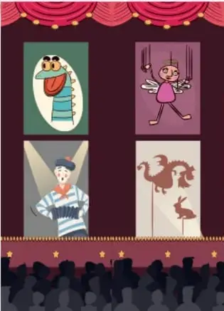 Ilustración de un escenario de teatro con telón, títeres/marionetas y personajes diversos sobre el escenario.