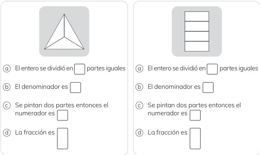 Triángulo dividido en 3 regiones iguales por sus medianas, con 2 regiones pintadas.