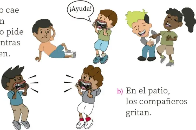 Ilustraciones: un niño caído en el piso con globo de diálogo '¡Ayuda!', compañeros riéndose; y dos niños gritando en el patio. Crédito de ilustración: Luis Antonio Moreno Ávila, NOBIS.