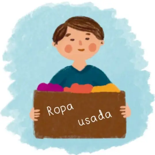 Ilustración de un niño sonriente sosteniendo una caja de cartón con ropa usada de varios colores; crédito a Ana María Hernández Hernández, Ciudad de México.