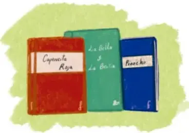 Ilustración de tres libros de cuentos (Caperucita Roja, La Bella y la Bestia, Cenicienta) sobre un fondo verde; ilustración de Ana María Hernández Hernández, Ciudad de México.