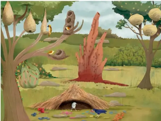 Ilustración de una sabana con nidos colgantes de aves en los árboles, un montículo rojizo de termitas, una telaraña, una colmena en una rama y un nido de paja en el suelo con aves cerca.