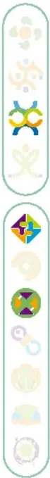 Tira decorativa vertical con iconos de colores (escudos, símbolos de identidad).