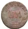Fotografía del anverso de una Moneda Convencionista Durango, Cinco Centavos de 1914, de cobre, diámetro 24 mm; Colección Casa de Moneda de México, Museo Numismático Nacional.