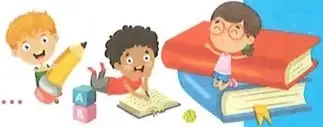 Ilustración de niños escribiendo y leyendo libros.