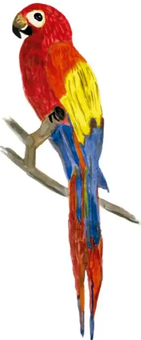 Ilustración de un guacamayo rojo, amarillo y azul posado en una rama.
