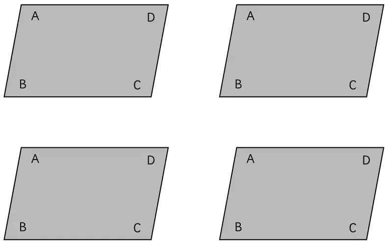 Cuatro paralelogramos grises con vértices A, B, C, D.