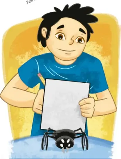 Ilustración de un niño con cuaderno y lápiz, con una araña negra pequeña en el escritorio.