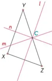 Triángulo con las tres mediatrices y el circuncentro C marcado en su intersección.