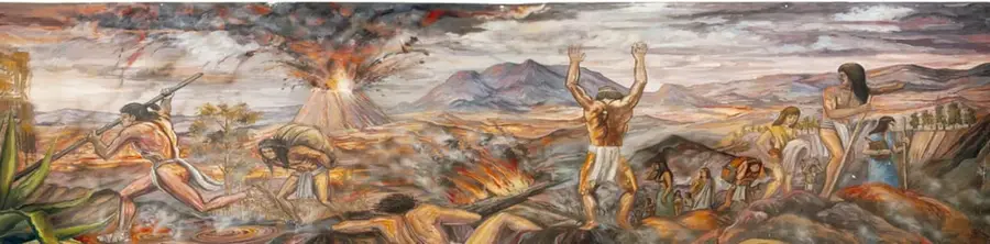 Mural que representa una escena prehispánica con un volcán en erupción, personas huyendo y otras observando, evocando el pasado de Cuicuilco.