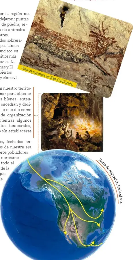 Pintura rupestre en Baja California, con figuras humanas y animales en tonos rojizos.