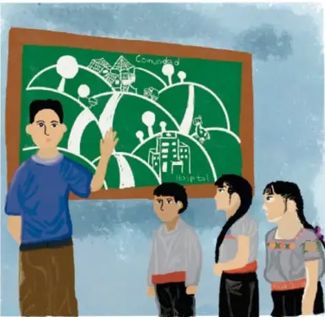 Ilustración de un maestro frente a un pizarrón verde con un dibujo de la comunidad, y tres estudiantes escuchando.