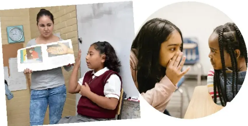 Foto circular de dos niñas en el aula, una habla al oído de la otra, ilustrando la comunicación y el respeto entre compañeras de distintos orígenes.