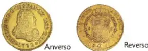 Dos fotos de una moneda de oro (anverso y reverso): Moneda Pelucona de Carlos III, 8 Escudos, México, 1782.