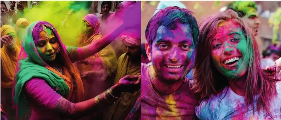 Fotografía de personas con la cara cubierta de polvo de colores celebrando el festival Holi en India.