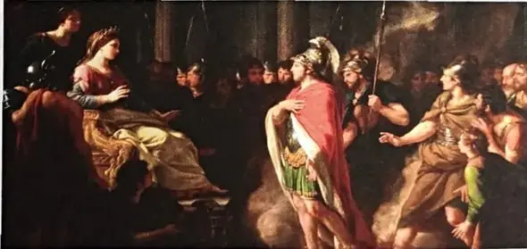 Escena pictórica en la que Eneas, héroe troyano de la Eneida, se encuentra con la reina Dido de Cartago.