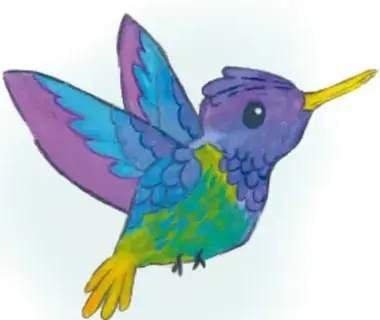 Ilustración de un colibrí de colores (morado, azul, verde, amarillo); autoría Alheli Atenea Zamorano Caballero, Ciudad de México.