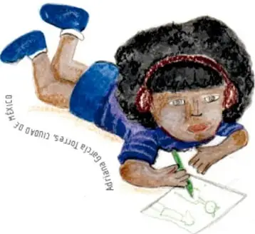 Ilustración de una niña observando un sombrero, un guante y una bota (Adriana García Torres, Ciudad de México).