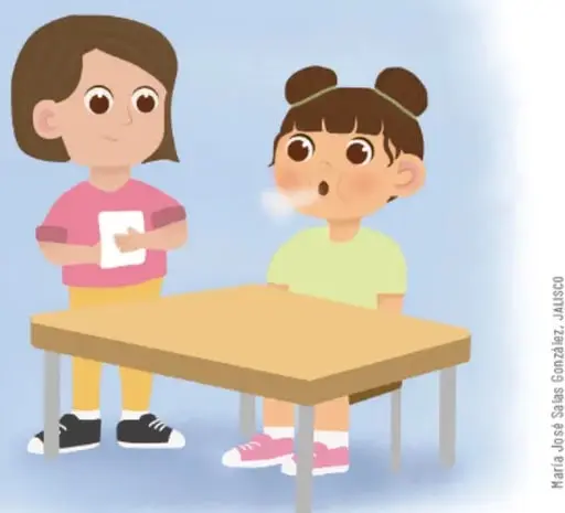 Ilustración de dos niñas: una de pie con una libreta y otra sentada en una mesa, soplando o respirando. Representa la actividad de medir la frecuencia respiratoria.